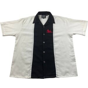 Y2K Hard Chrome Gear Snap Button Shirt Size L Devil Girl Short Sleeve Two Tone